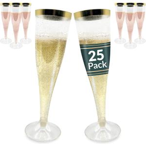 Reli. Champagne Flutes Plastic | 25 Pack | 4.5 oz - Gold Rim & Glitter | Premium Plastic Champagne Flutes | Party-Perfect for Celebrations