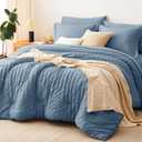 CozyLux Queen Comforter Set Grayish Blue Seersucker 7 Pieces Bed in a Bag Queen Comforter Set with Sheets, Dusty Blue Luxury Bedding Sets with Down Alternative Comforter, Sheets, Pillowcases & Shams