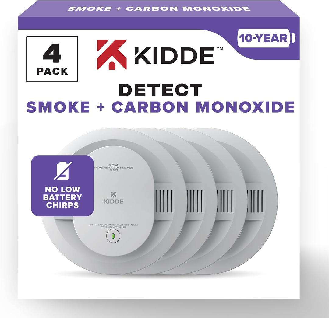Kidde Smoke & Carbon Monoxide Detector, 10-Year Battery Powered, LED Warning Light Indicators, Pack of 4  Kidde Smoke & Carbon Monoxide Detector, 10-Year Battery Powered, LED Warning Light Indicators, Pack of 4