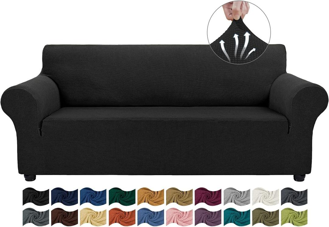 Asnomy Couch Covers for 3 Cushion Couch Sofa Pet Friendly, 3 Seater Sofa Cover Washable Slipcovers Protector Furniture Covers for Dogs Spandex Jacquard Fabric Small Checks（Large，Black）