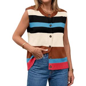 Tankaneo Womens Color Block Striped Sweater Vest Tops Summer Casual Button Up Knit Sleeveless Cardigan Tank Tops (L)