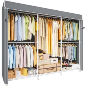 ULIFHOME E14C Pro Heavy Duty Closet Organizer System，Freestanding Clothing Racks for Hanging Clothes，Adjustable Garment Rack 69" W × 16" D × 77" H Hold 960 lbs，White Rack with Grey Dustproof Cover