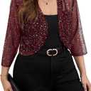 Floerns Women's Plus Size Mesh 3/4 Sleeve Open Front Bolero Party Cropped Cardigan Jacket (Burgundy, 4X-Large Plus)