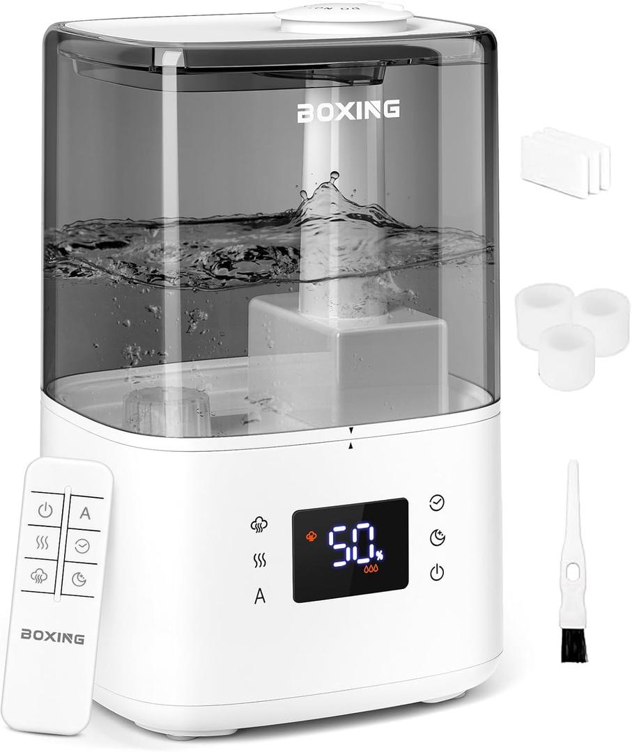 BOXING Warm and Cool Mist Humidifiers for Bedroom Large Room Home, Air Humidifier with Remote, Top Fill Ultrasonic Diffuser Humidifier with humidistat,Quiet Sleep Bedside Nightstand,Timer,Filter,4.5L (4.5L)