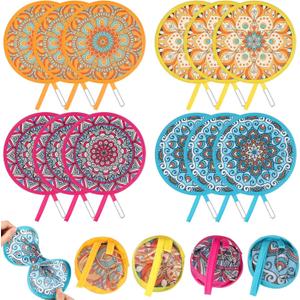 Marsui 12 Pcs Round Foldable Hand Fan Summer Flower Handheld Folding Fan 4 Patterns Collapsible Handheld Fan Foldable for Women Girls Daily Use Festival Wedding Party Favors(Mandala)