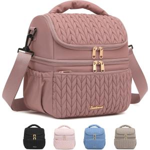 Lunch Bag Women, Double Deck Insulated Lunch Box - Large Capacity 12L with Detachable Divider for Tall Items, Leakproof, Durable & Reusable Cooler Bag For Work Picnic Travel, Quilted Pink
