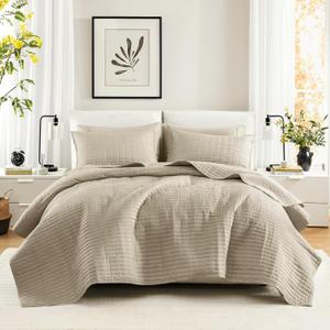 Comfort Spaces Queen Quilt Set Modern Reversible Plaid Coverlet Queen Bedding Set Cozy Quilted Winter Layer, All Season Lightweight Soft Queen Size Quilt, Kienna, Full/Queen Beige 3 Piece