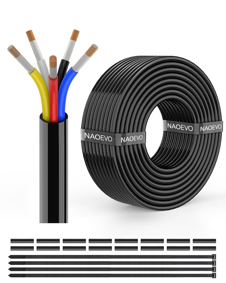 NAOEVO 14 Gauge Wire 5 Conductor Electrical Wire, 14 AWG Stranded PVC Cord, 12V Low Voltage/Tinned Copper/Flexible Cable for Automotive Wiring, Lamp Cord, Marine Cable (30FT)