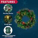 Joiedomi 20” Artificial Christmas Wreath Prelit with 15” Hanger, Decorated with 50 LED Lights, Red Berries, Pine Cones Glitter Pine Needles for Front Door Wall Christmas Decorations (Battery Operated)