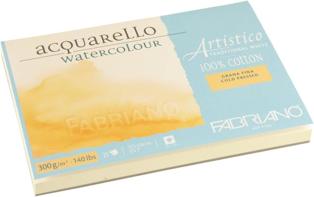 Fabriano Artistico Traditional White Watercolor Block, 140 lb./300 GSM, Cold Press, 25 Sheets, 5" x 7"