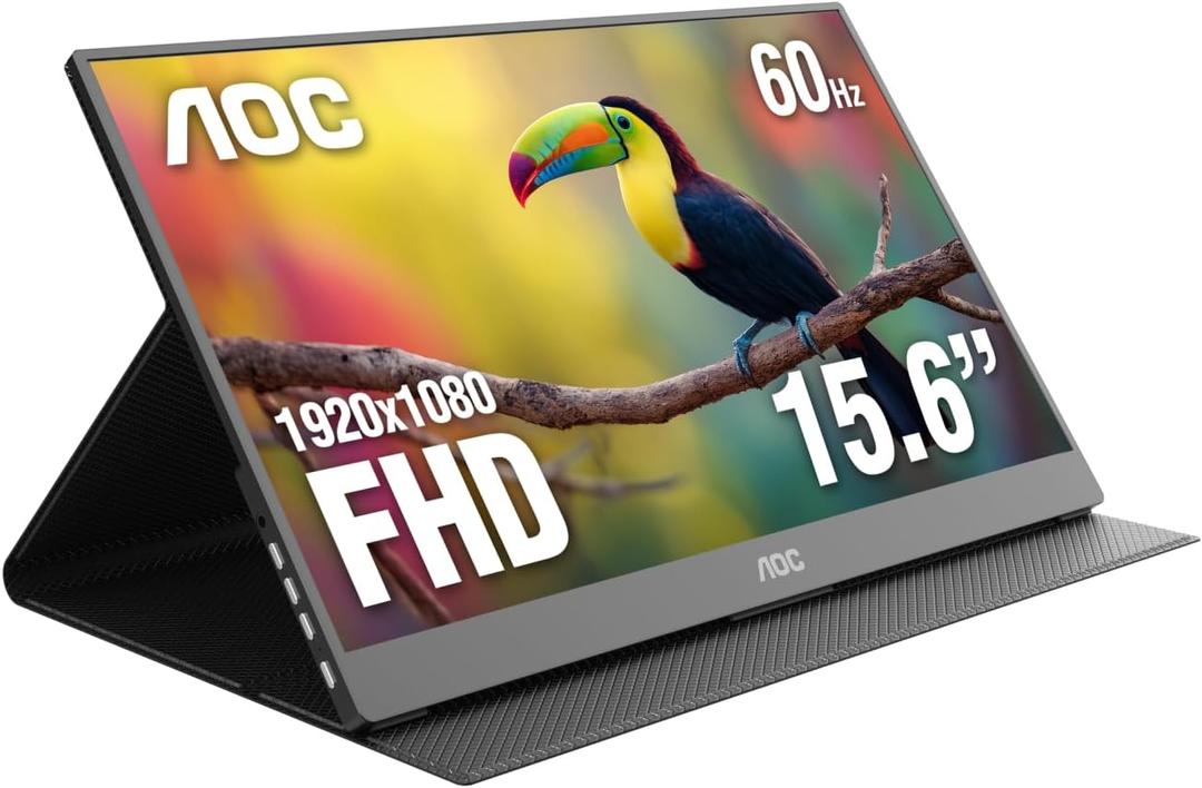 AOC 16T20 Portable Monitor 15.6 Inch FHD 1920x1080, IPS Panel Computer Display, Speakers, USB Type C x2, Mini HDMI x1, Premium Smart Cover, Gaming Console Compatible
