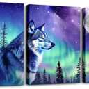 Galaxy Wolf Canvas Art Prints,Starry Sky Framed Wall Art Aesthetic Woodland Animals Wall Art for Living Room,Blue Purple Green Polar Lights Canvas Artwork Paintings 3 Piece Pictures Wall Decor