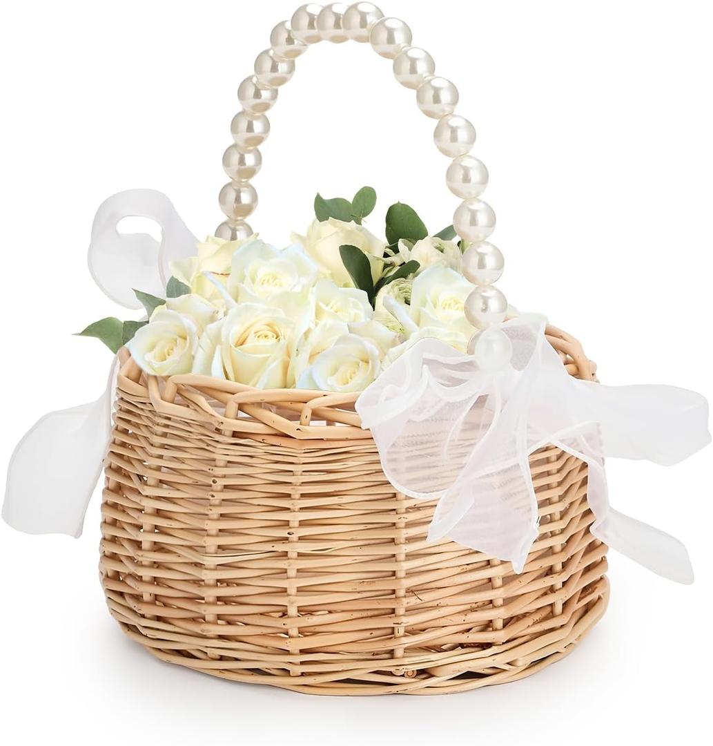 Rustic Flower Girl Basket, Canastas Para Flores, Wicker Rattan Wedding Flower Girl Baskets with Pearl Handle and Ribbon Bow for Outdoor Picnic Home Wedding Decoration (Diameter 16.5cm) (1pc)