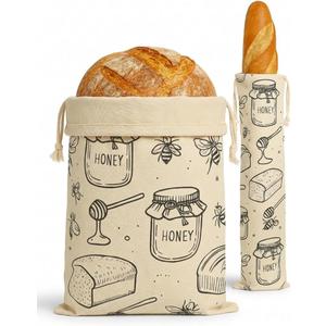 Reusable Beeswax Bread Bags Set  Small 16x12 & Large 25x6  Cotton Drawstring, Aesthetic Print, Plastic-Free Food Storage, Keeps Sourdough Fresh, Eco-Friendly Alternative to Plastic Wrap