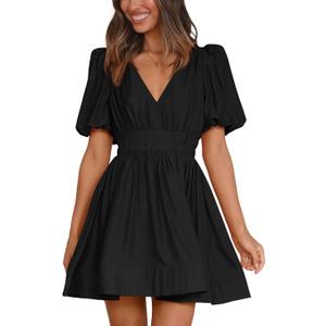 BWQ Women Mini Dress Short Puff Sleeve Sexy V Neck Dress A-line Elastic High Waisted Casual Flowy Summer Dresses, L