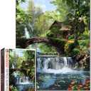 Forest Waterfall Puzzles 1000 Pieces for Adults,Families (Wooden House,Cabin,Trees,Jungle,Bridge) Pieces Fit Together Perfectly 19.7''x27.6''inch Tropical Landscape Frameable Magic Puzzle Art（Green