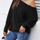 Aifer Women's Off The Shoulder Tops Sexy Long Sleeve Shirts Oversized Fashion Casual Batwing Sweaters Pullover Tunic Tops (Black, M)
