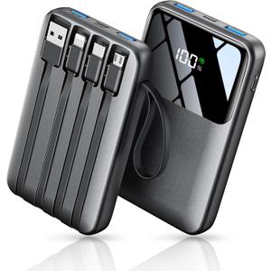 Power Bank, 15000mAh Portable Charger with Built in Cable, 22.5W Fast Charging, 6 Outputs, Slim Travel Essential Battery Pack with LED Display, Compatible with iPhone 17/16/15/14/13, iPad Black