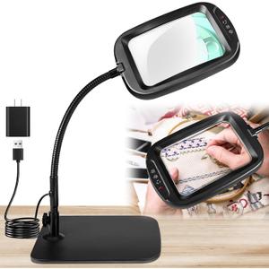 10X 30X 7 Inch Extra Large Magnifying Glass with Light and Stand, 5 Color Modes Magnifying Lamp Adjustable Lighting Level, Flexible Gooseneck Hands Free Reading Magnifier for Books Crafts Close Work
