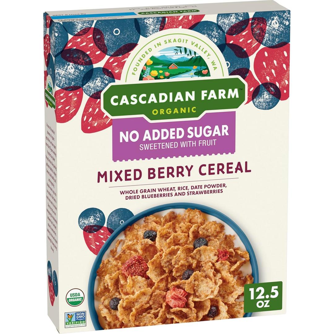 Cascadian Farm Organic Mixed Berry Cereal, No Added Sugar, 12.5 oz, BBD: 

02/12/2026

 