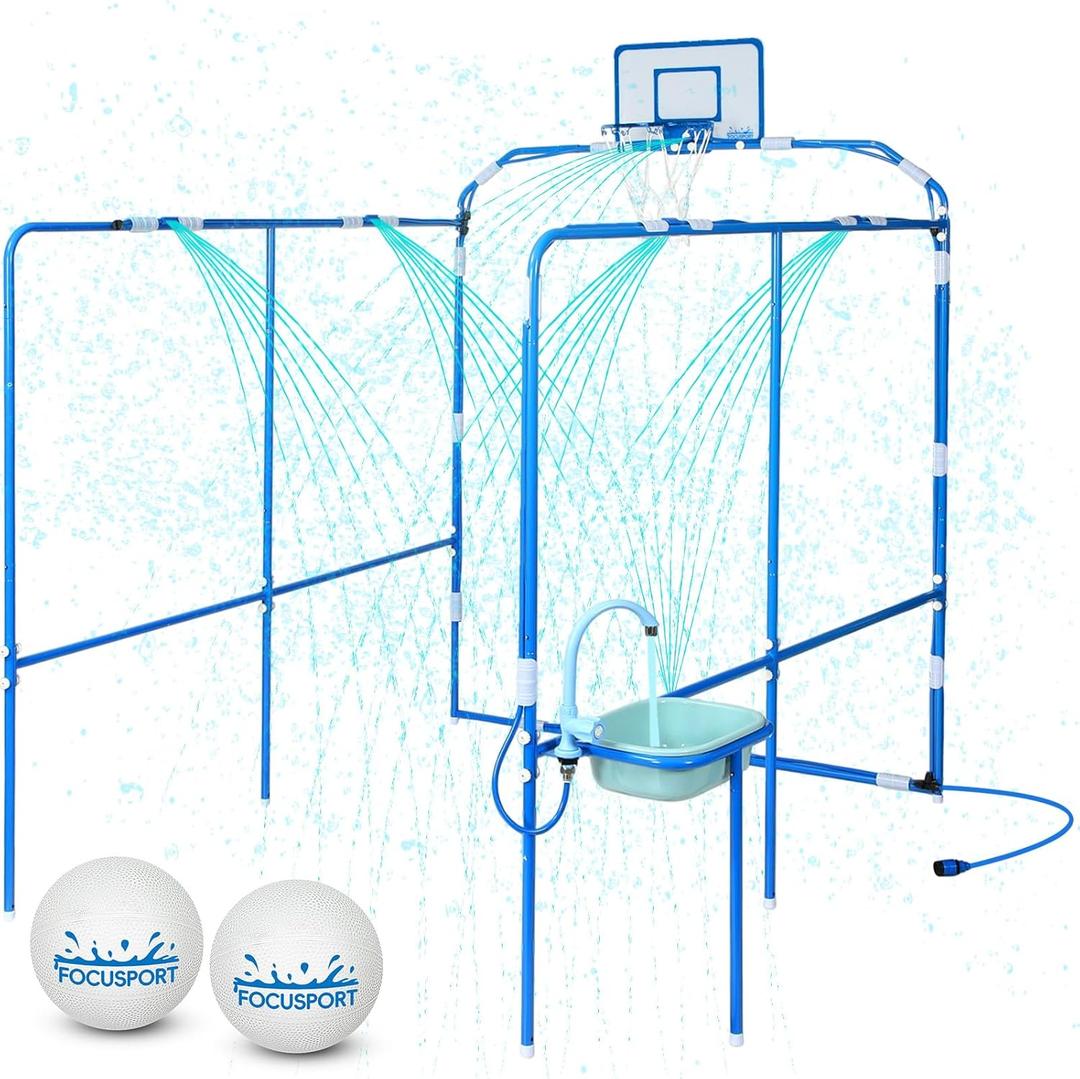 Backyard Water Park & Basketball Game Set, Heavy-Duty Steel Water Park Sprinkler Toy Game with 2 Basketballs, Water Basin & Faucet, Outdoor Summer Water Fun Play Toys for Kids & Family