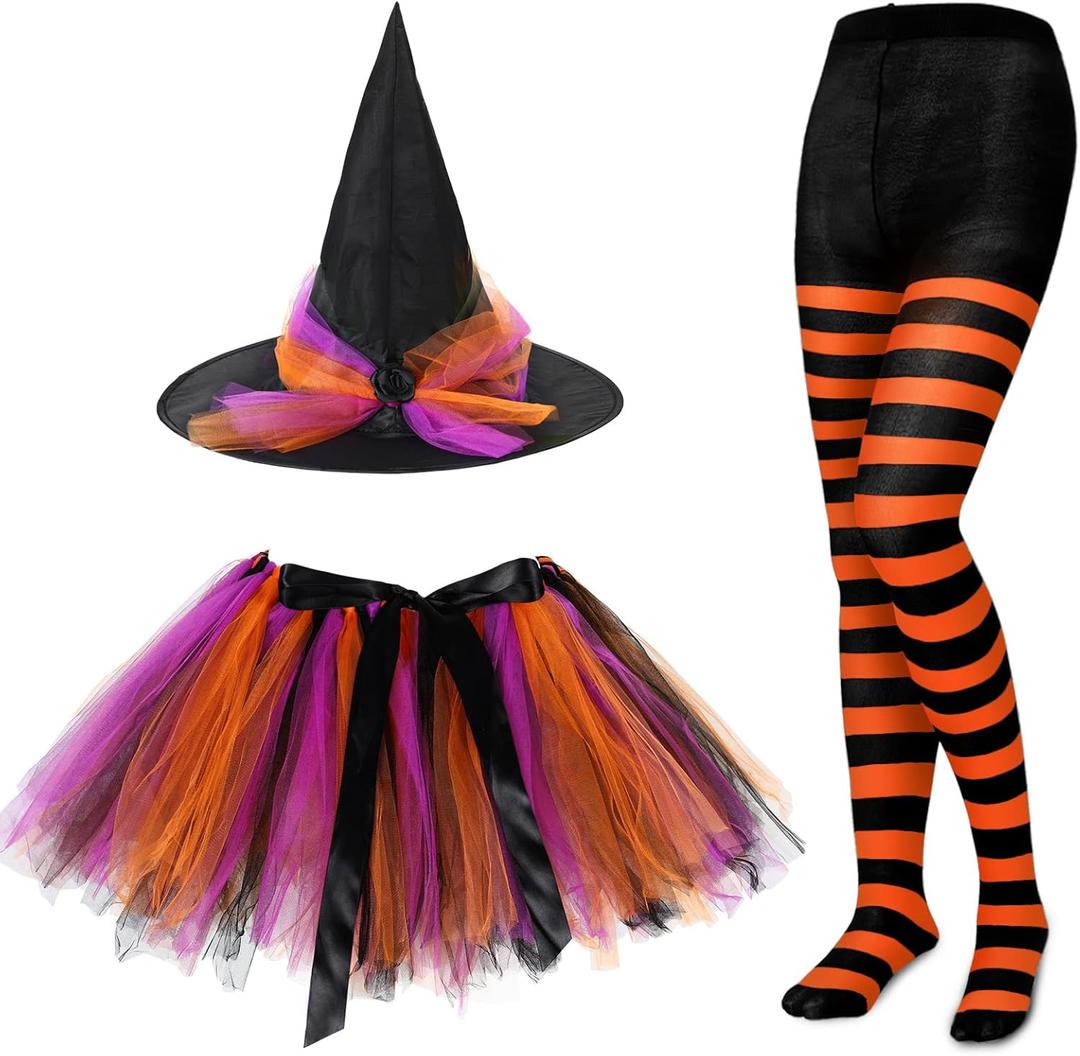 SATINIOR Halloween Witch Costume for Women 2025 Halloween Witch Hat Tutu Skirt and Striped Tights for Cosplay Party(Orange Black)