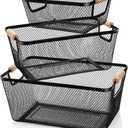 Ziliny 3 Pack Plastic Mesh Basket with Wooden Handles - PP Material Hanging Storage Organizer Container Bins for Organizing Cabinet Pantry Bathroom Kitchen Fridge Fruit Makeup Snacks Gifts(Black)