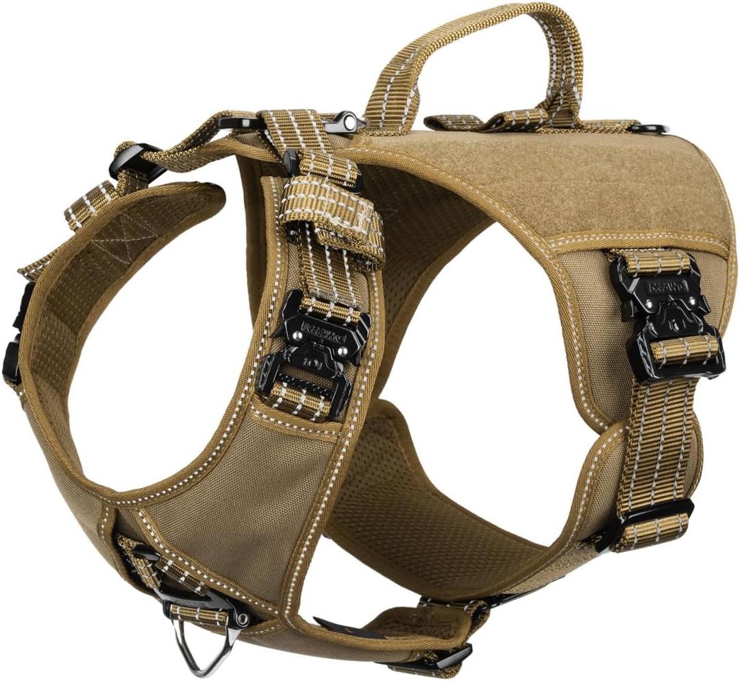 ICEFANG GN8 Tactical Dog Harness with 4X Metal Buckles for Medium Sized Dogs,Reflective in Training Walking K9 Vest,No-Pull Front Leash Clip,Adjustable Pet Harness (Brown, Medium (Pack of 1))