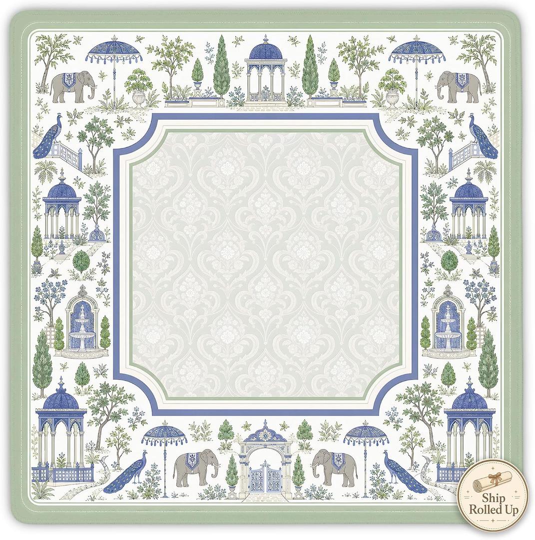 Garden Elephant Green Mahjong Mat for Table with Bag, 31.5 x 31.5 inches