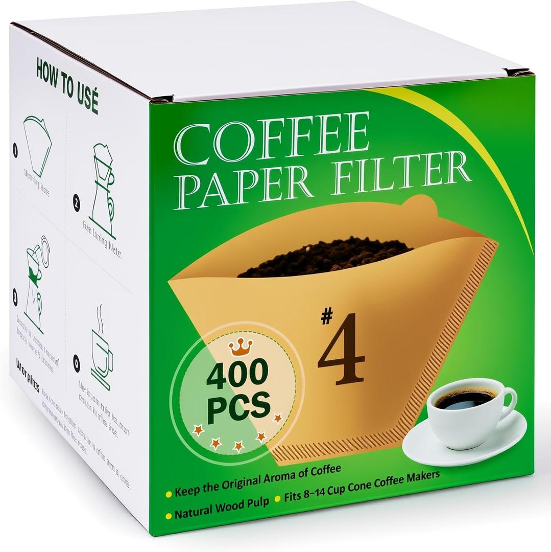 BYKITCHEN 400PCS #4 Cone Coffee Filters Fits 8-12 Cup & 14 Cup Coffee Makers, Size 4 Unbleached Disposable Coffee Filter Paper, Compatible with Ninja, Cuisinart 12-Cup/ 14-Cup & Drip Coffee Machine