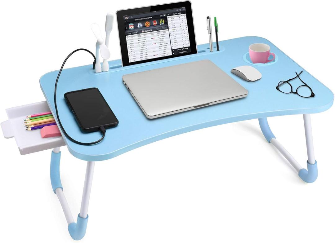 Slendor Lap Desk with Tablet Slot, Foldable Laptop Table with Storage Drawer for Bed Portable Bed Desk for Laptop, Computer Tray with Cup Holder Notebook Stand Reading Holder for Couch Floor, Blue