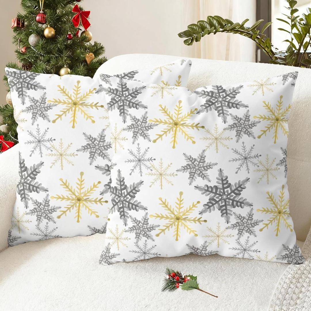2 x CaliTime Christmas Throw Pillow Covers Decorative 18 X 18 Inches Pack of 2 Cozy Fleece Snowflakes Cushion Cases for Holiday Couch Sofa Bed Living Room Home Grey Gold