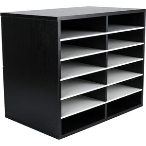 EasyPAG 12 Compartments Wooden Literature Organizer with Adjustable Shelves, 6000 Sheets Capacity Paper Organizer, Classroom Mailbox and Mail Sorter for Teachers and Office, Black/White