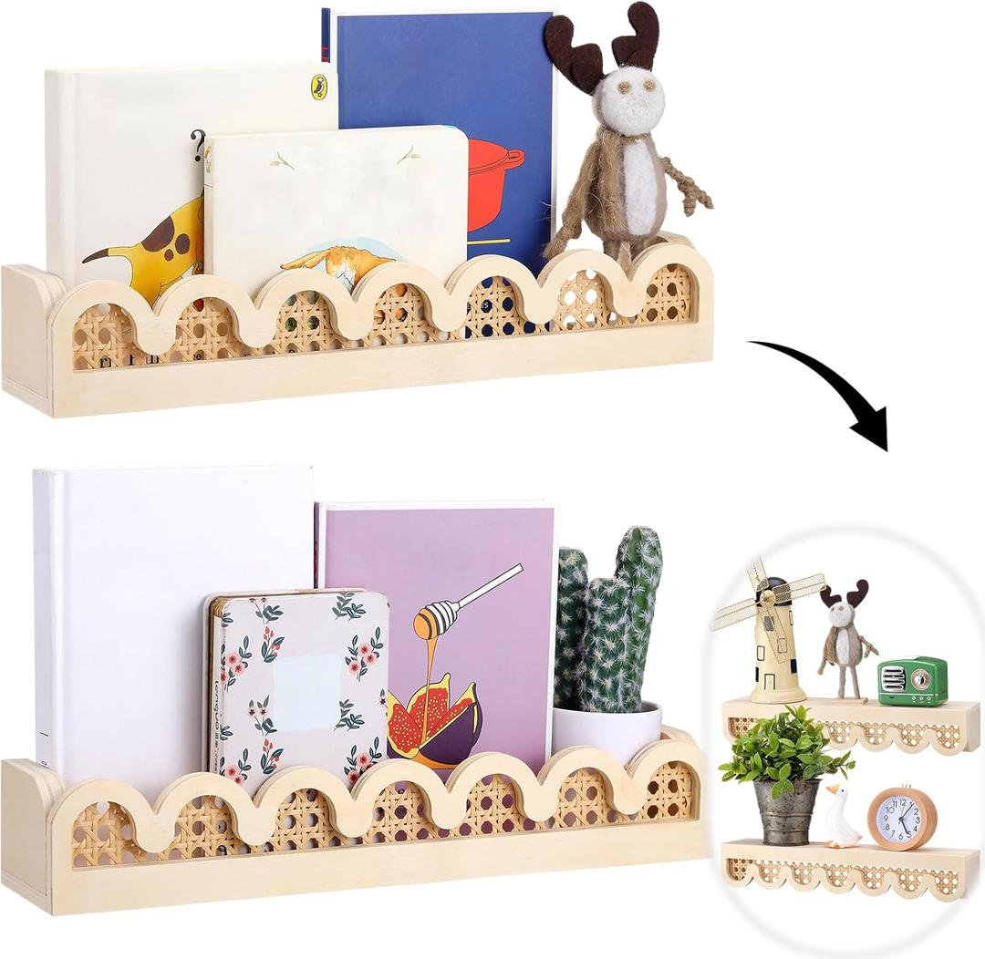 Pinkunn 2 Pcs Floating Shelves for Wall, Scalloped Rattan Shelf, Boho Wooden Wall Mounted Bookshelf Storage, Kawaii Room Decor for Nursery Room, Bedroom, Kitchen, Picture Frames, Plants(Wood Color)