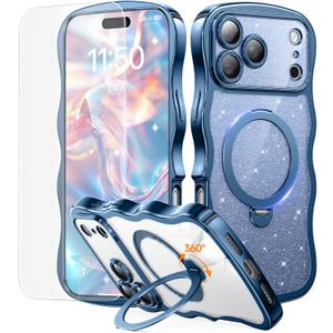 3 in 1 for iPhone 17 Pro Max Case with 360 Spin Magnetic Stand, 1X DIY Glitter Cardstock +1X Screen Protector, [Fit for Magsafe]Cute Wavy Glossy Clear Phone Cover for Women Girls 6.9", Sapphire Blue