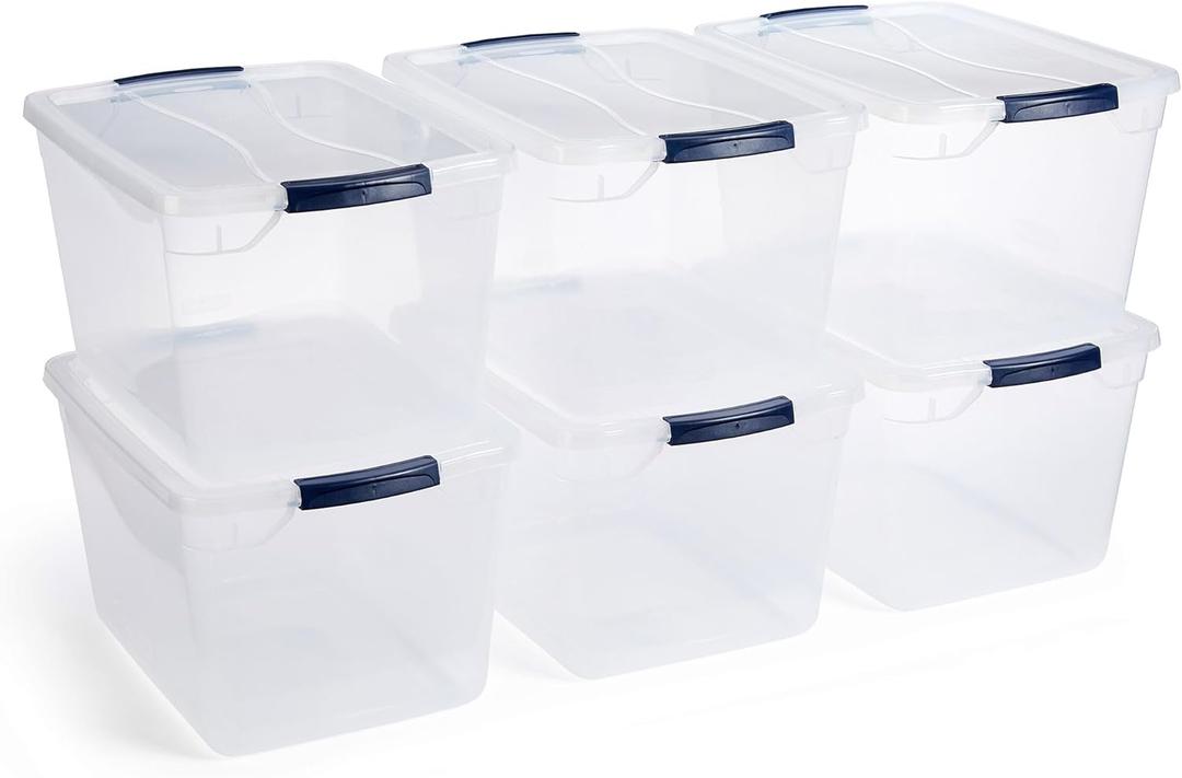 Rubbermaid Cleverstore Clear 32 Qt, 6 Pack Stackable Plastic Storage Containers with Durable Latching Clear Lids, Visible Storage, Great for Closet and Laundry Storage, Organizing in the Home