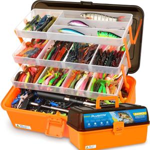 PLUSINNO Large 4-Layer Tackle Box with Tackle Included, 547Pcs Fishing Lures Kit - Pliers, Crankbait, Hooks, Weights & Accessories - Freshwater Bass Fishing Bait Lure Gear and Equipment, Gift for Men