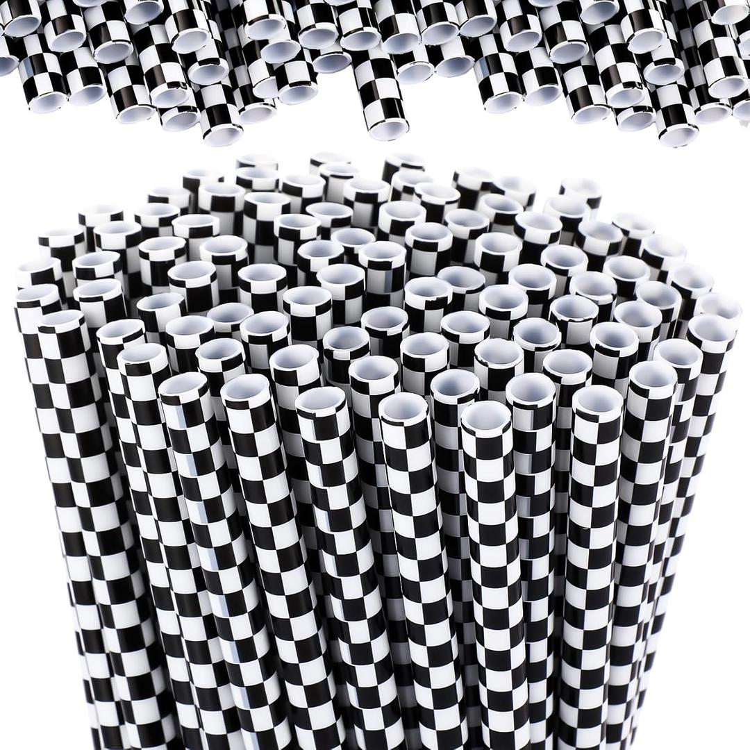 Domensi 100 Pcs Plastic Straws Disposable Drinking Plastic Straws Reusable Striped Flag Summer Party Supplies for Birthday Decoration (Black and White Checkered)