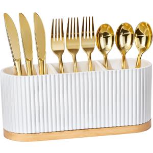 HouseJoy Countertop Silverware Holder, Silverware Caddy Organizer Holder for Forks, Spoons, Knives, Cutlery Caddy with 3 Compartments, Kitchen Utensil Holder for Party, Countertop (White)