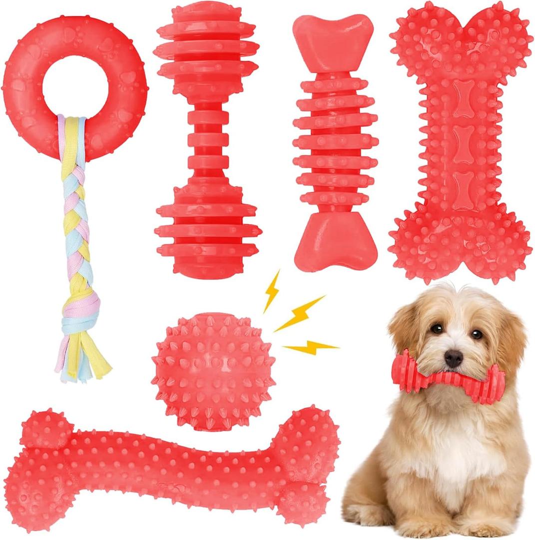 6 Pack Red Dog Chew Toys, Small Dog Teething Toys, Dental Health & Interactive Play