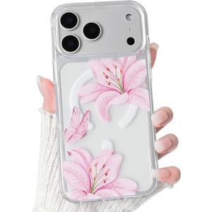 NITITOP Compatible for iPhone 17 Pro Case Clear Magnetic Compatible with MagSafe Cute Lily Flowers Floral for Women Girls Hard PC Back Shockproof Protective Phone Cover - Pink