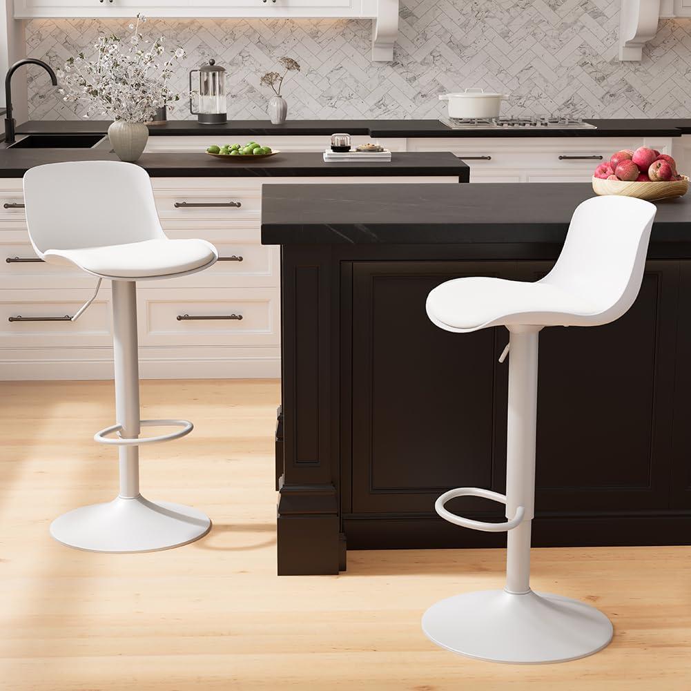 Kidol & Shellder White Bar Stools Set of 2 Adjustable Counter Height Stools Modern PU Leather Swivel with Back Barstools Upholstered Kitchen Island Chairs taburetes para barra de cocina