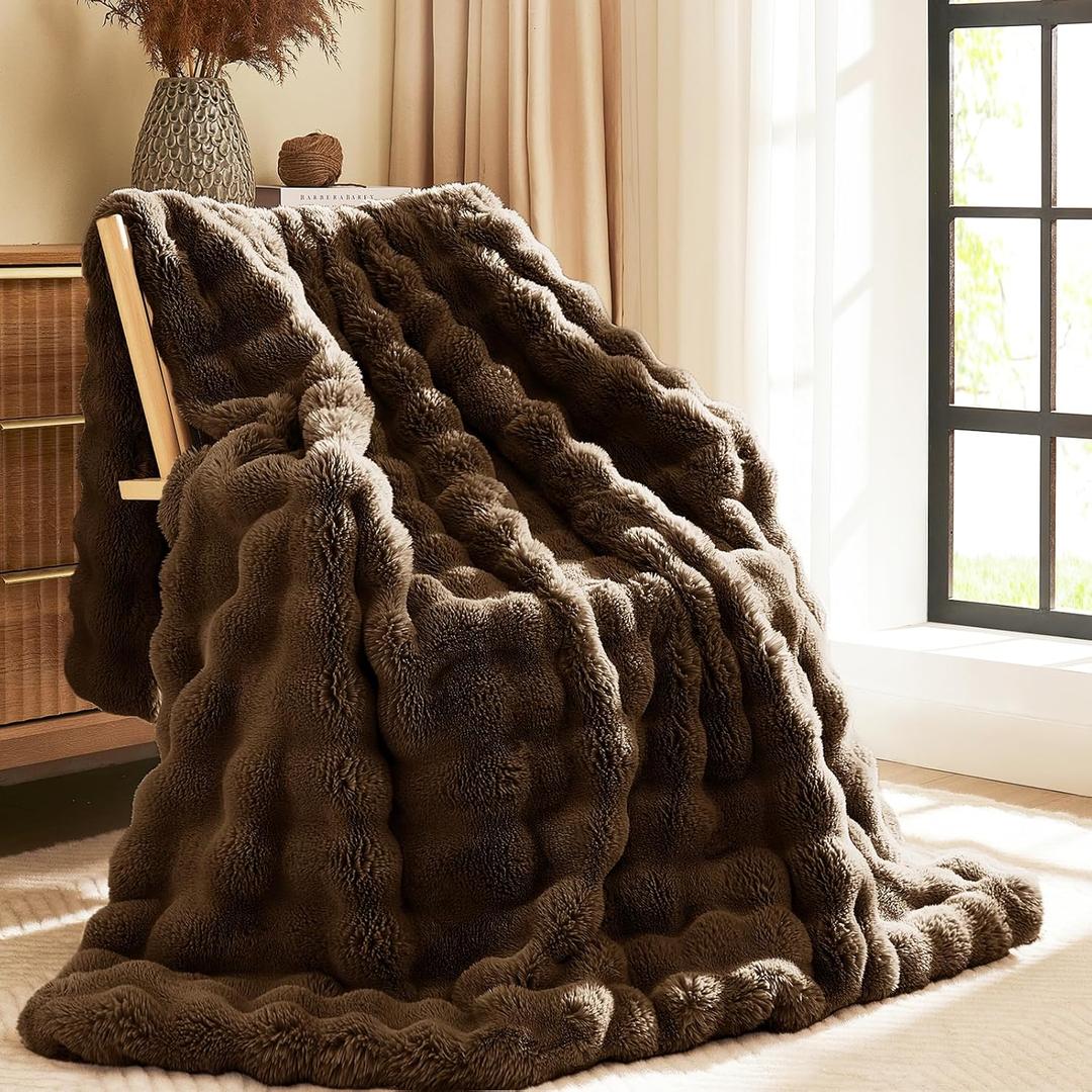 L'AGRATY Faux Rabbit Fur Blanket: 60" x 80" Twin Luxury Soft Fluffy Thick Fur Throw Blanket for Couch Bed Sofa - Cozy Plush Bubble Blankets for Winter: Flannel Fleece Decorative Blanket (Cocoa Brown)