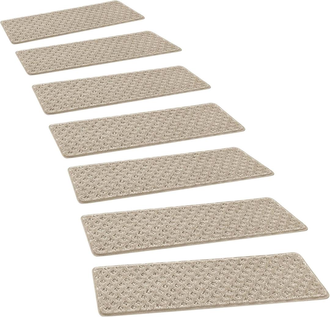 PURE ERA Carpet Stair Treads Tape Free Non Slip Indoor Stair Carpet Stair Protectors Pet-Friendly Non-Slip Skid Resistant Washable Reusable 8" x 30"(14 Pieces,Cream Gray Mini-Diamond Trellis)