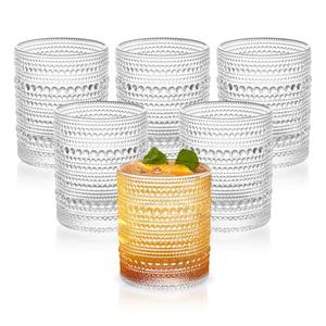 Vintage Dot-Pattern Drinking Glasses Set of 6 – 14.5 oz Clear Short Glass Cups – Embossed Textured Glassware with Anti-Slip Grip, Water Juice Soda Cocktail Tumblers – Thick Glass, Dishwasher Safe