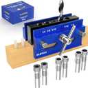 Self Centering Doweling Jig Kit, Drill Jig For Straight Holes Biscuit Joiner Set With 6 Drill Guide Bushings, Adjustable Width Drilling Guide Power Tool Accessory Jigs (Blue)