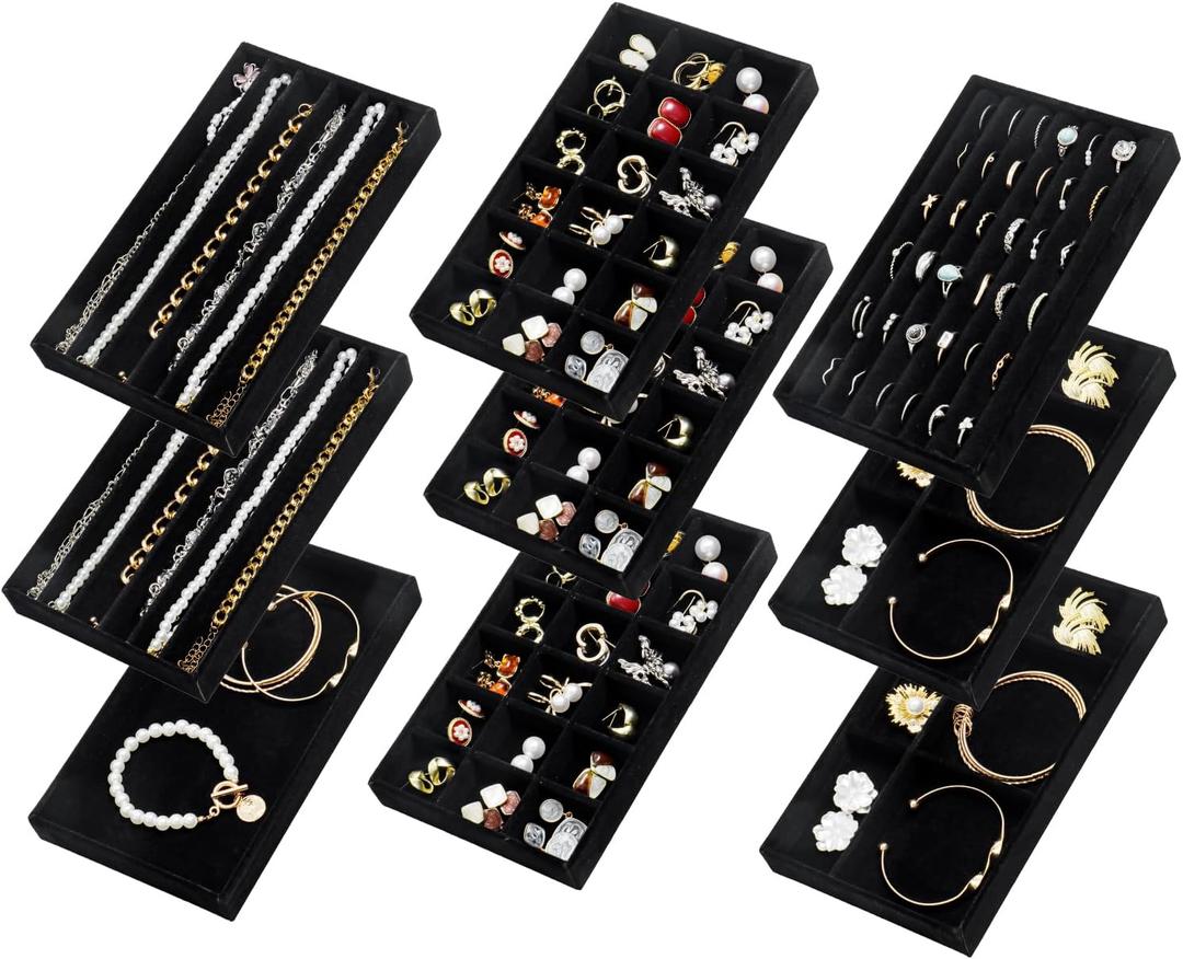 SPAKOWN Jewelry Drawer Organizer Inserts Set of 9, Jewelry Trays for Drawers Velvet Jewelry Organizer Tray Drawer Jewelry Organizers and Storage for Earring Ring Necklace Watch Bracelet (Black)