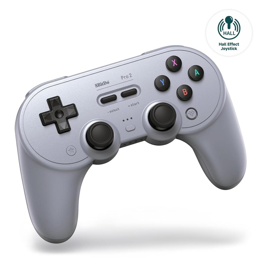 8Bitdo Pro 2 Bluetooth Controller for Switch, Hall Effect Joystick Update, Wireless Gaming Controller for Switch, PC, Android, and Steam Deck & Apple (Gray Edition)