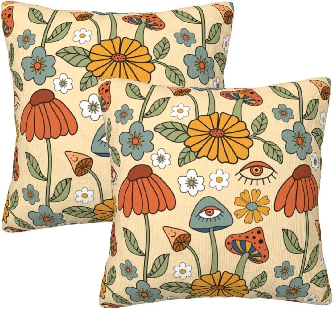 Yellow Orange Floral Boho Throw Pillow Covers 18x18 Set of 2 Cute Psychedelic Mushrooms Fun Decorative Pillow Covers, 70s Retro Funky Hippie Abstract Aesthetic for Home Decor Couch Bedroom