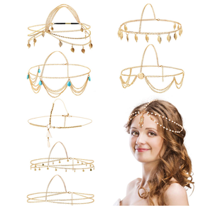 WILLBOND 8 Pieces Gold Head Chain Jewelry Halloween Boho Headband Coins Pearl Tassel Chain Hair Band Festival Prom Wedding Headpiece for Women(Elegant Style)